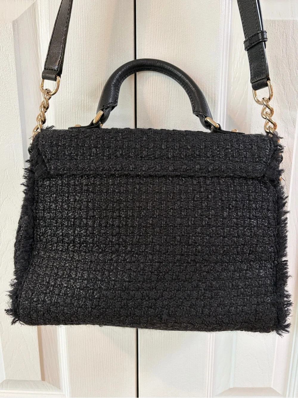 Kate Spade Nadine Black Wool Tweed Satchel with Gold Hardware